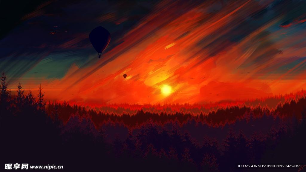 森林夕阳插画风景
