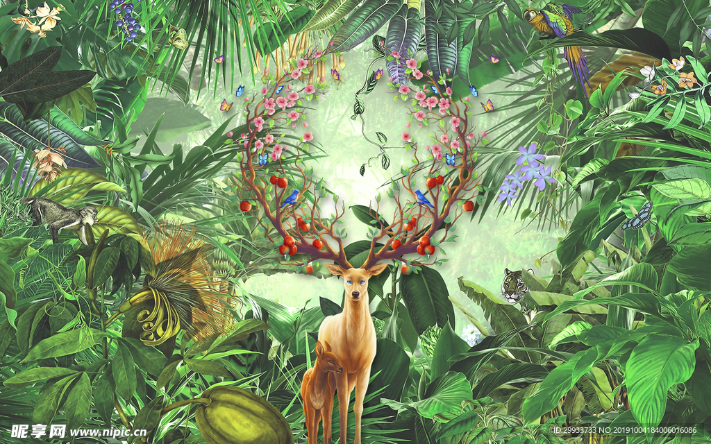 手绘热带雨林麋鹿背景墙