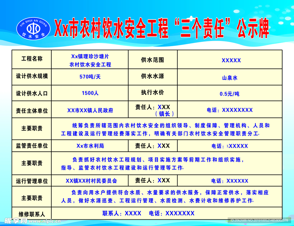 农村饮水安全责任牌公示牌