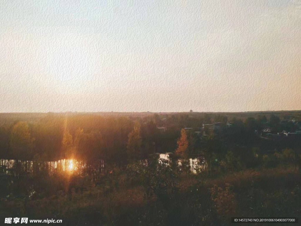 家乡的夕阳油画风景图