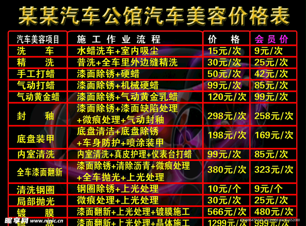 汽车美容价格表