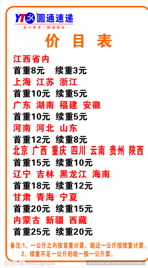 圆通速递价目表