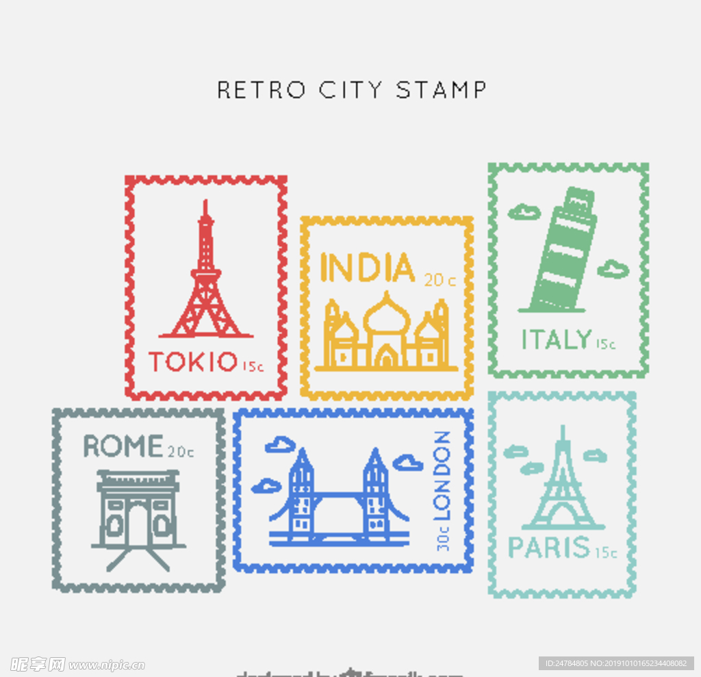 彩色复古城市邮票