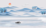 新中式水墨山水画树船鸟背景墙