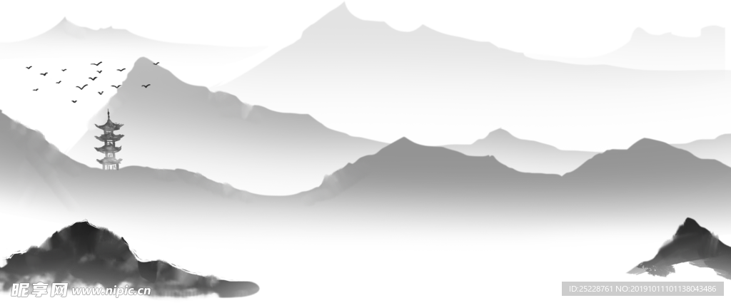 水墨山水透明背景矢量素材