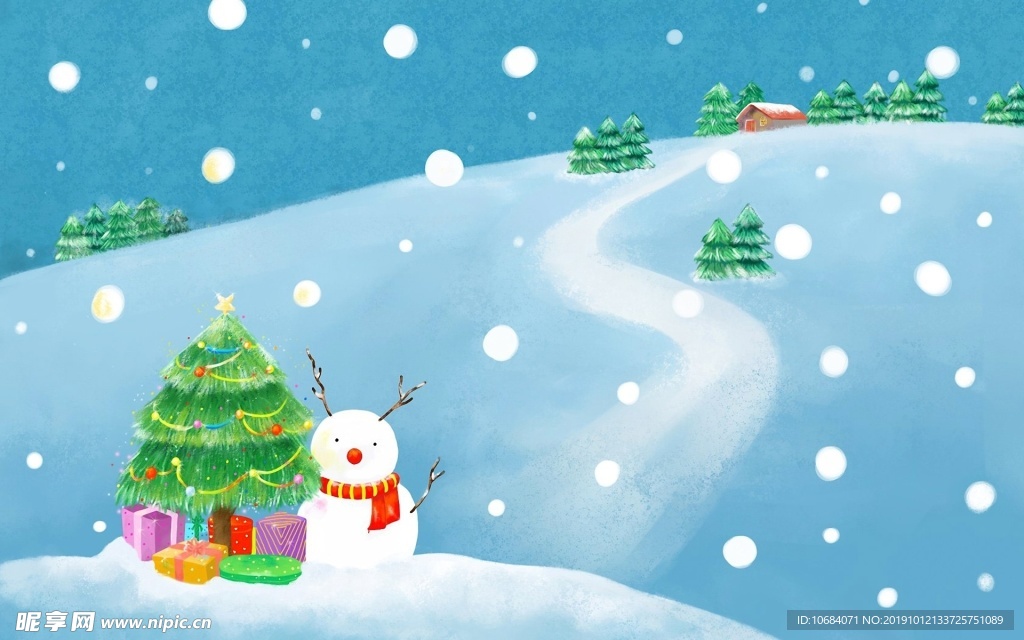 矢量冬季雪人圣诞树雪花背景