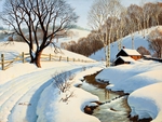 冬季雪屋河流松树背景