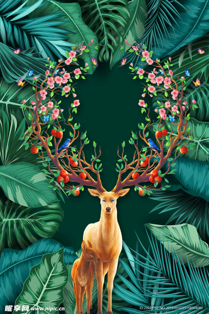 北欧简约麋鹿植物装饰画
