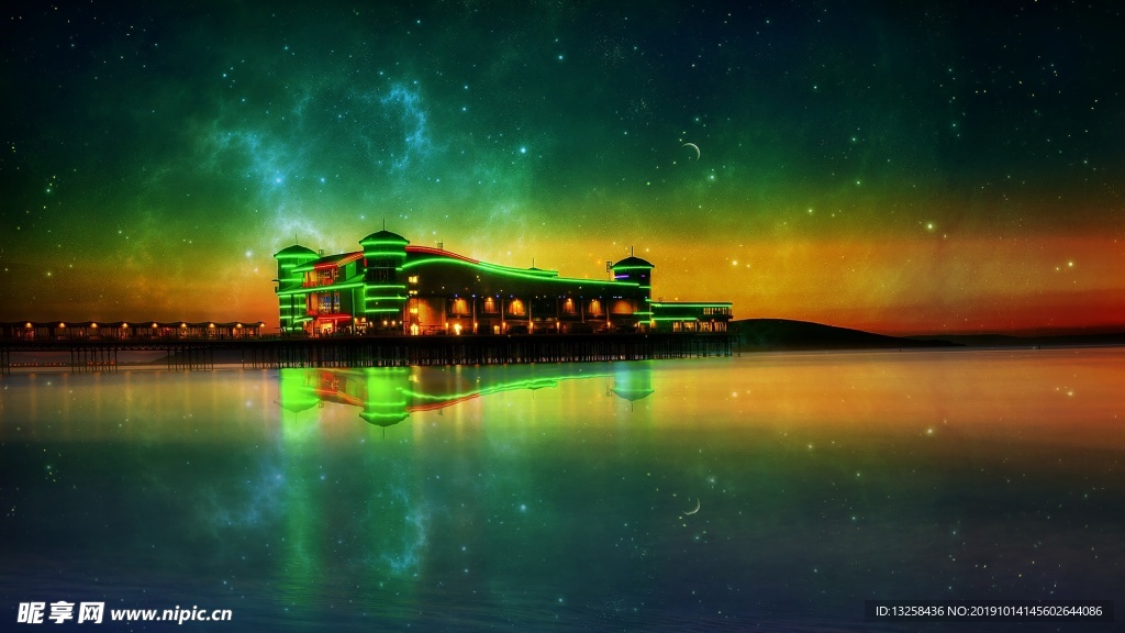 彩色建筑夜景星光河流