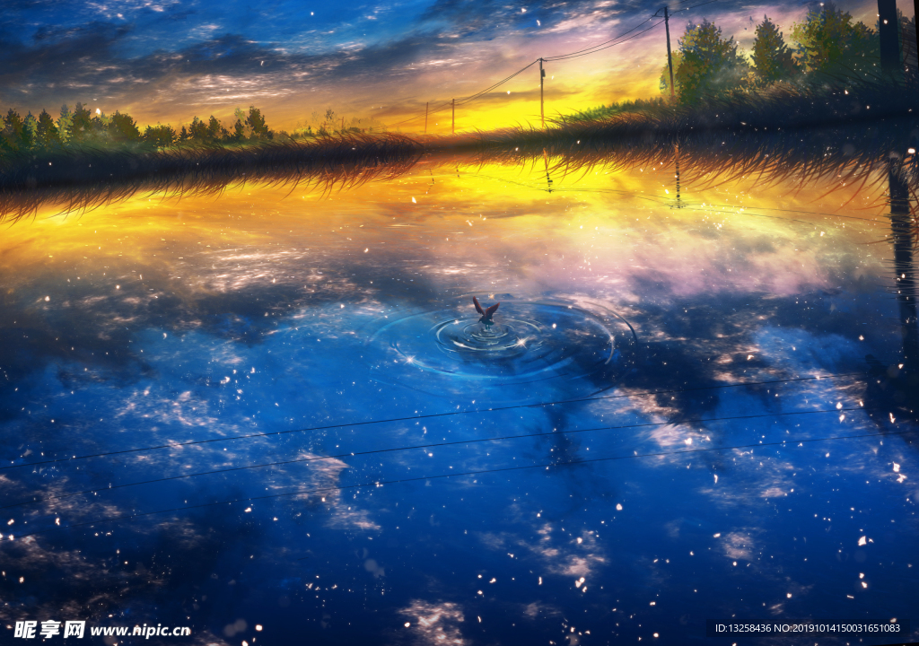 彩色风景池塘插画背景