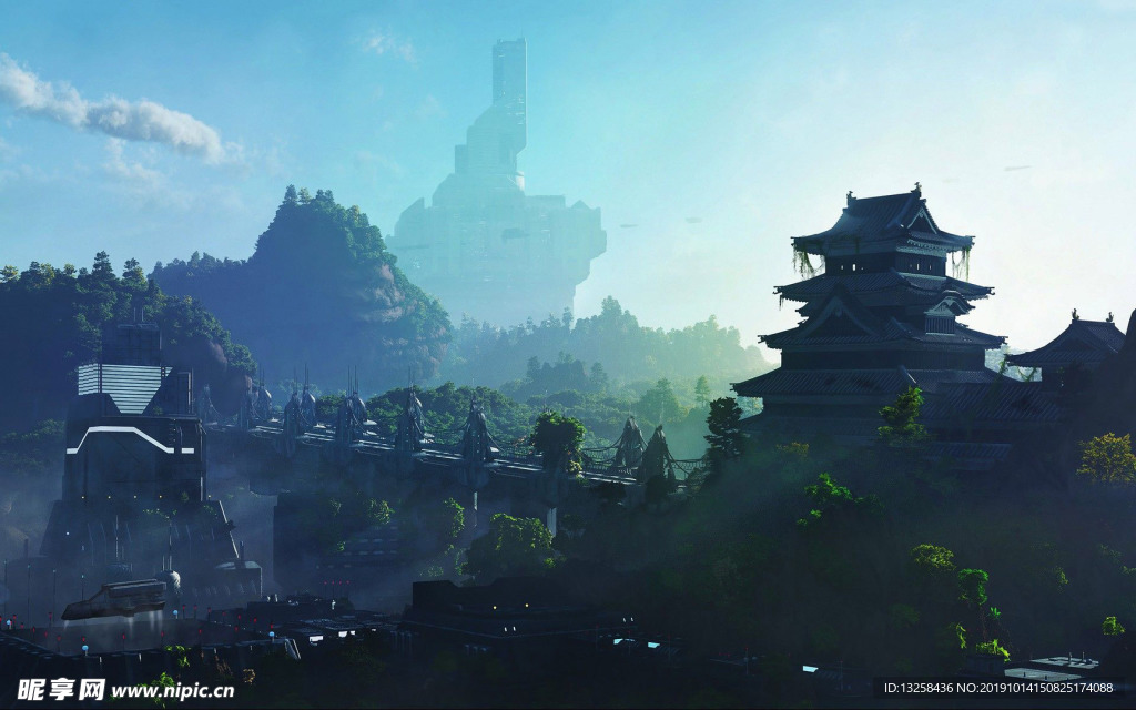群山建筑阁楼风景森林