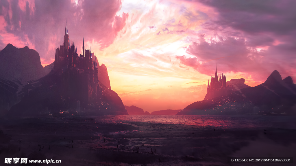 彩色风景插画城堡背景