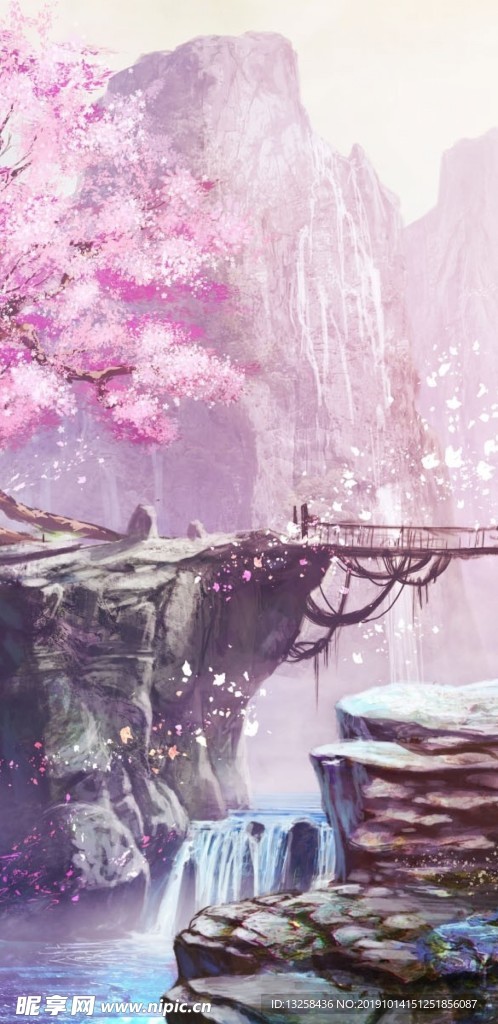 彩色插画风景群山白云