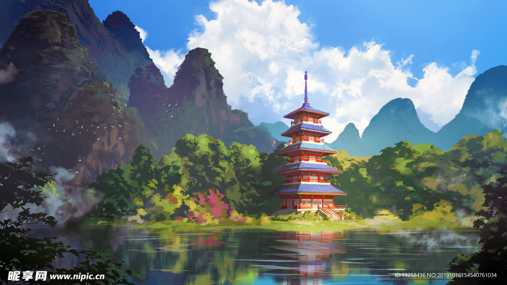 彩色插画风景宝塔云彩