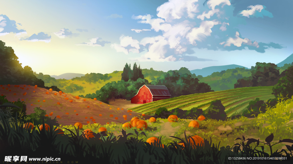 彩色插画风景田野云彩