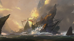 彩色插画大海木船风景