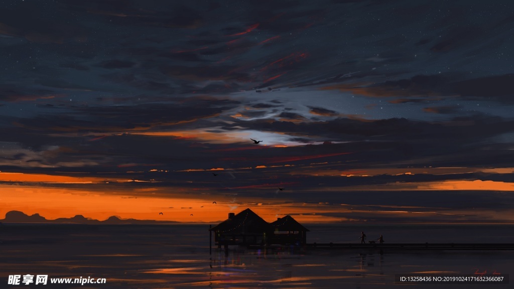海边栈桥群山夕阳风景