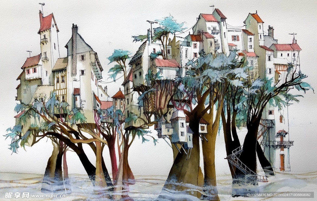 彩色插画房屋建筑树木