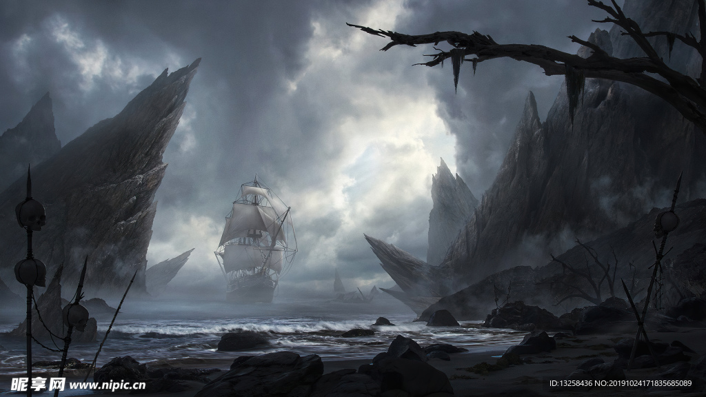 彩色插画帆船天空风景