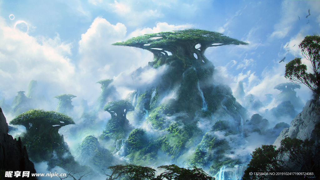 彩色插画森林树木风景