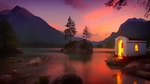 群山湖水教堂小屋风景