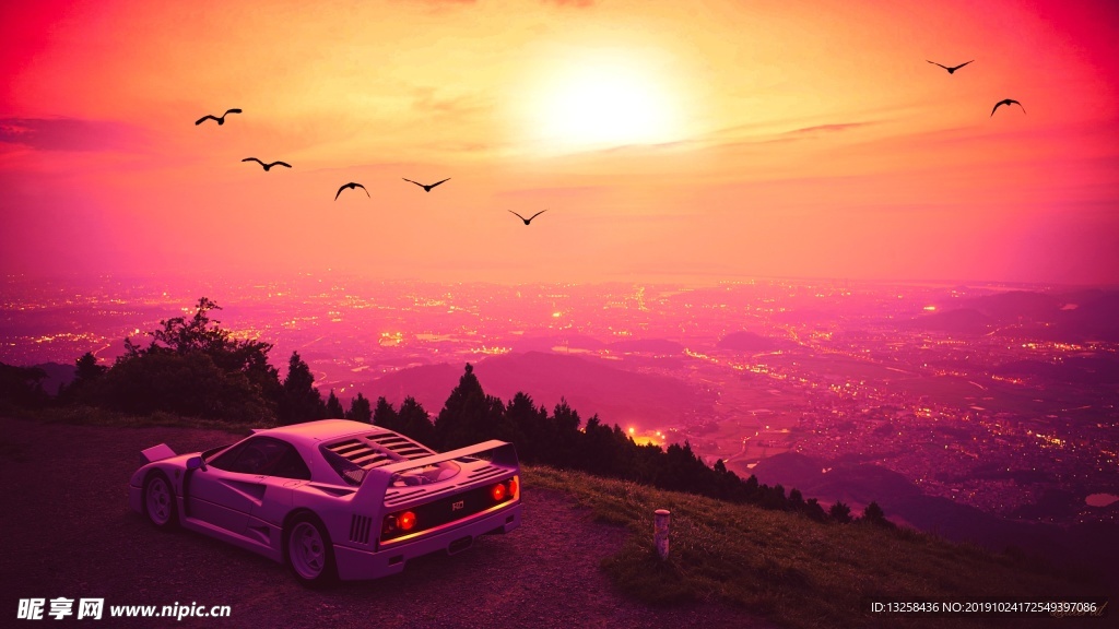汽车跑车夕阳风景晚霞