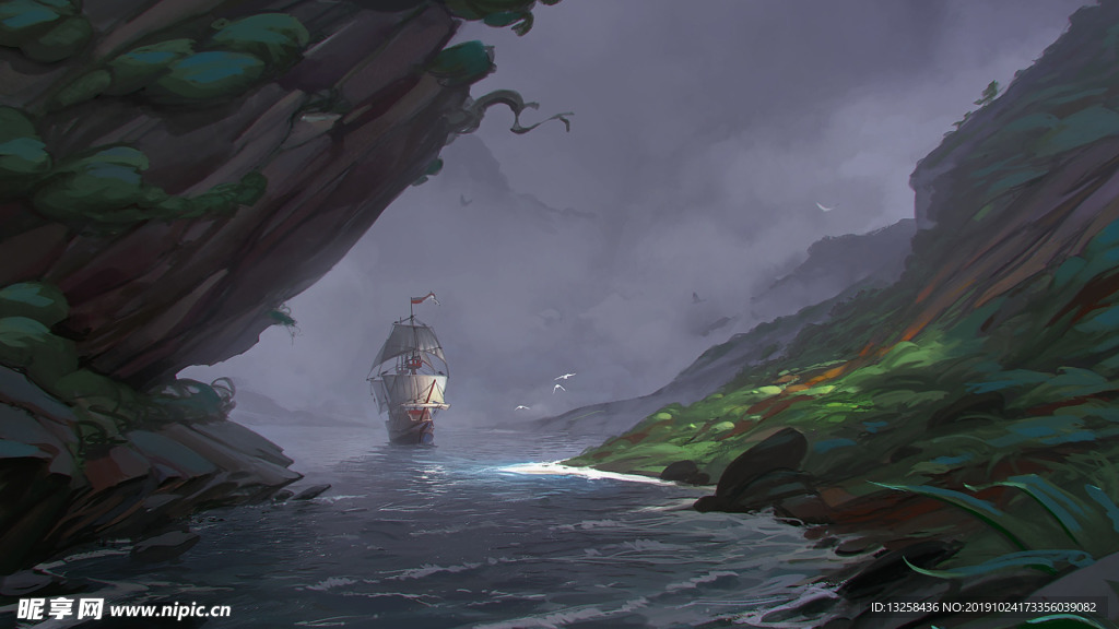 彩色插画风景帆船河流