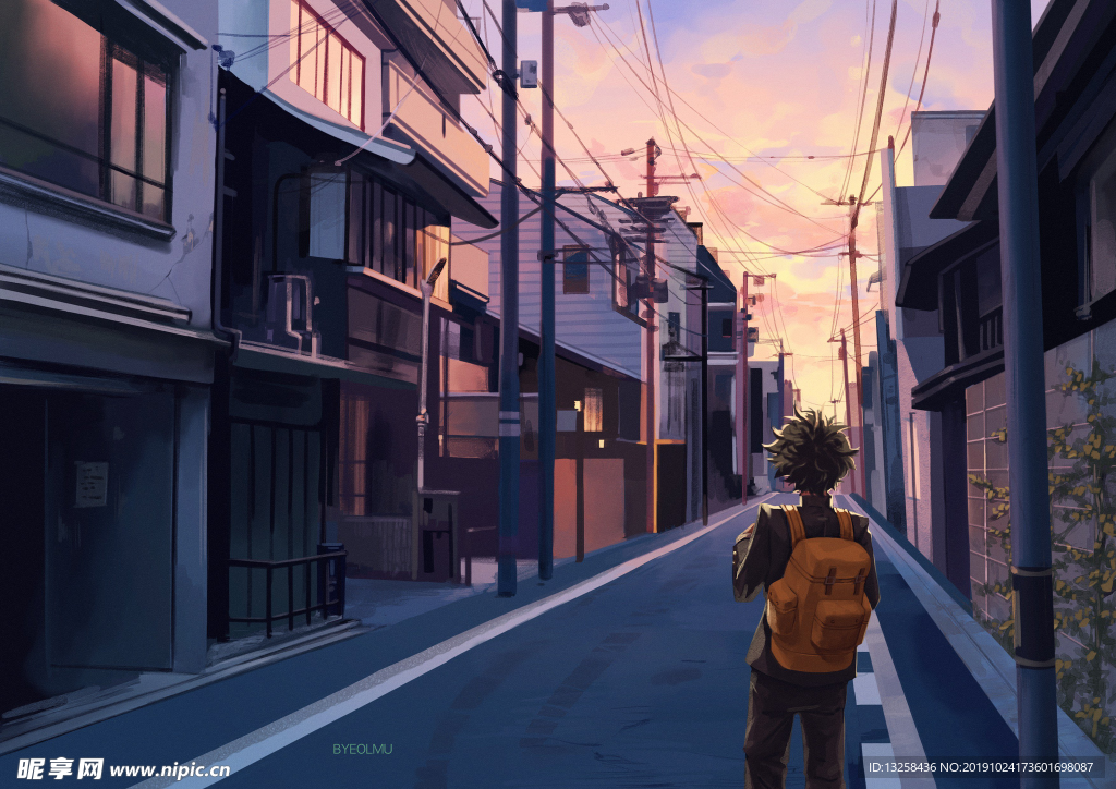彩色插画街道风景动漫