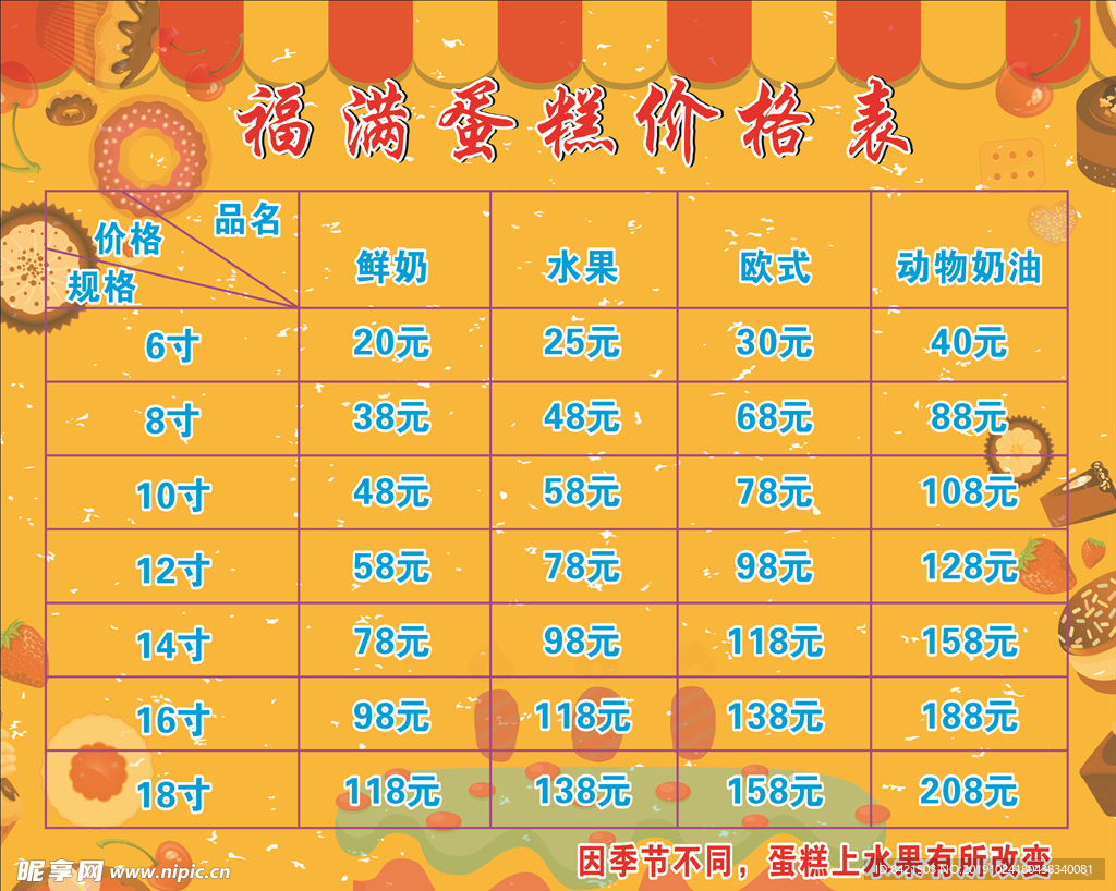 福满蛋糕价目表