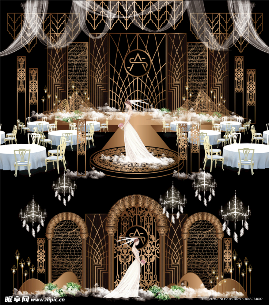 金色殿堂盖茨比婚礼展板背景设计