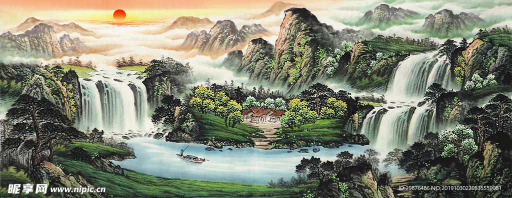 水墨国画山水瀑布背景墙装饰画