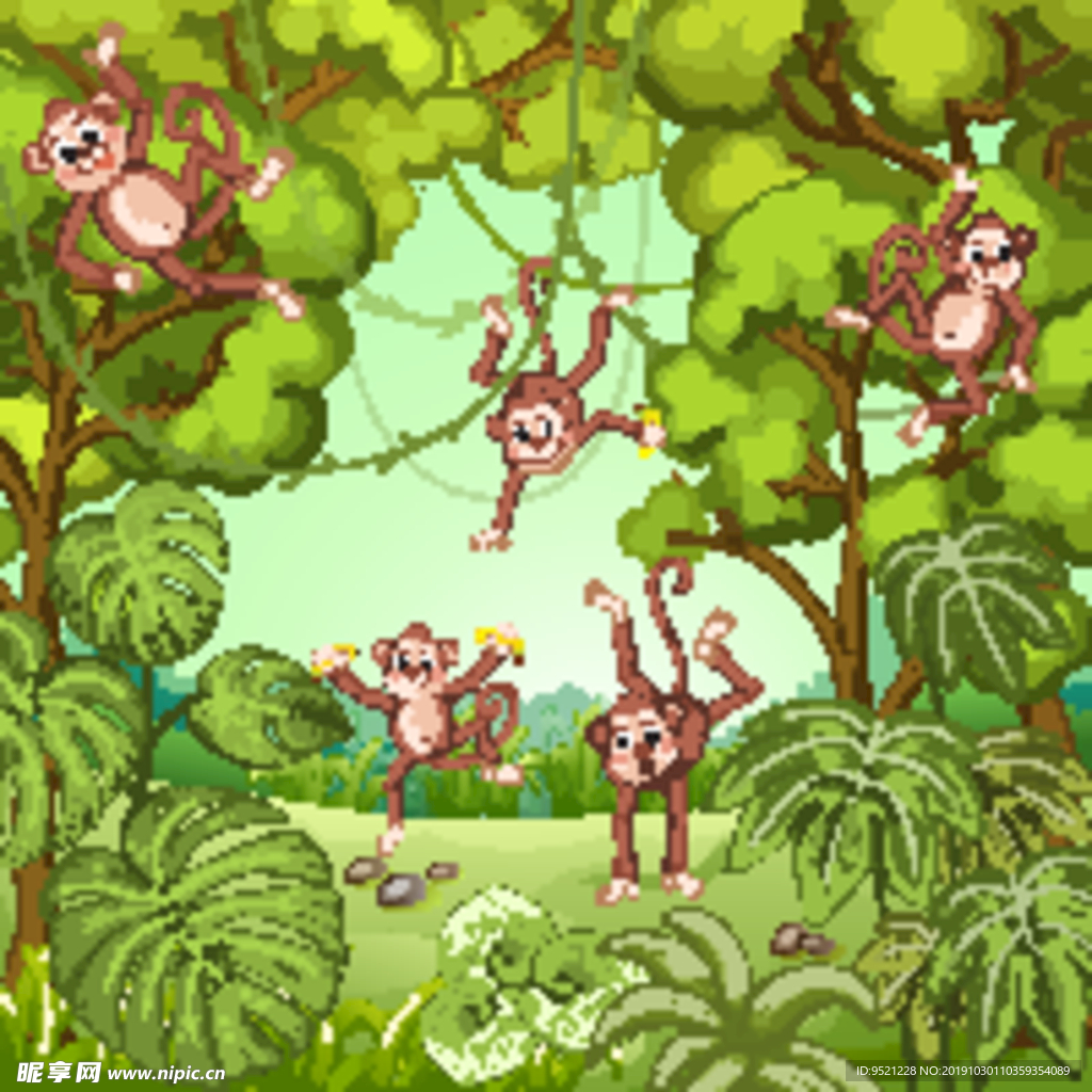 卡通丛林里的猴子矢量素材