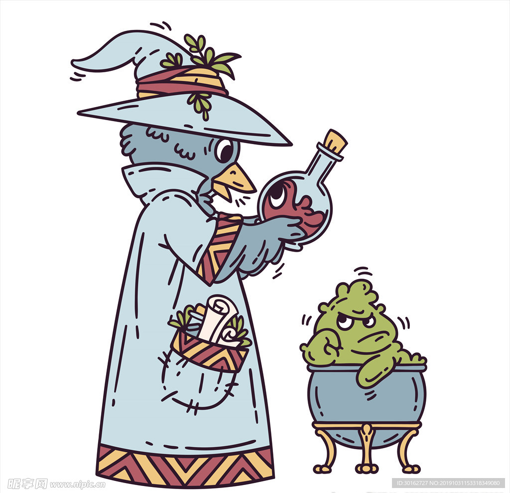 可爱手绘漫画巫师插画
