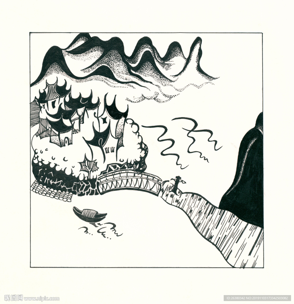 圆珠笔画江南风景