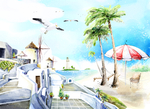 手绘爱琴海圣托里尼岛风景油画