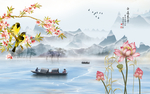 荷花花鸟背景墙