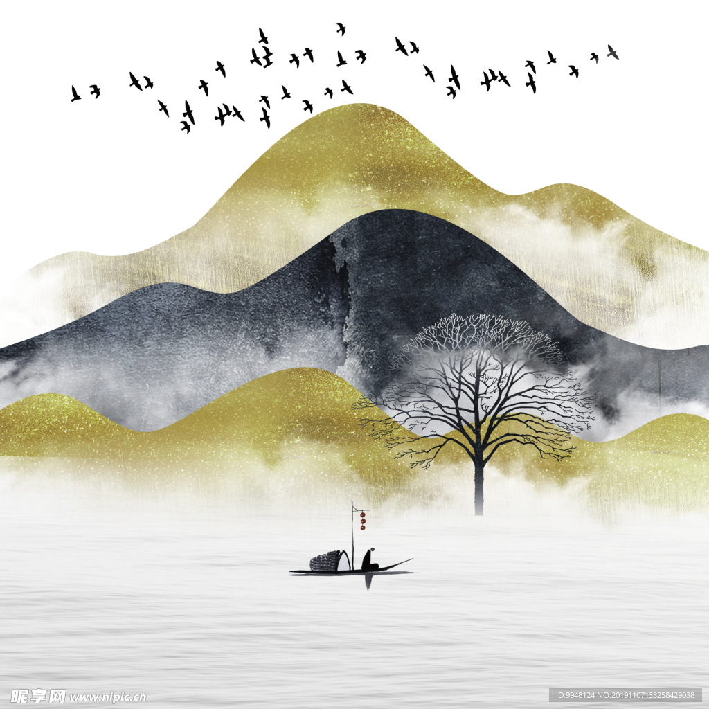 新中式金色山水装饰画挂画玄关画