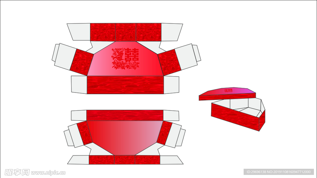 包装盒 红 展开图 效果图