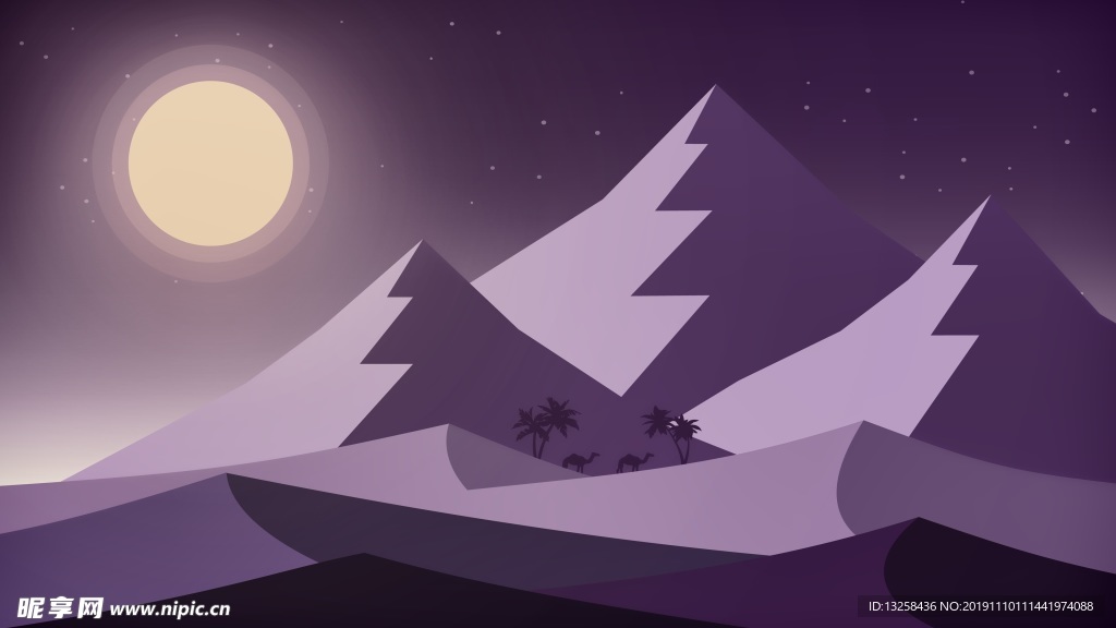 彩色插画风景山峰月光