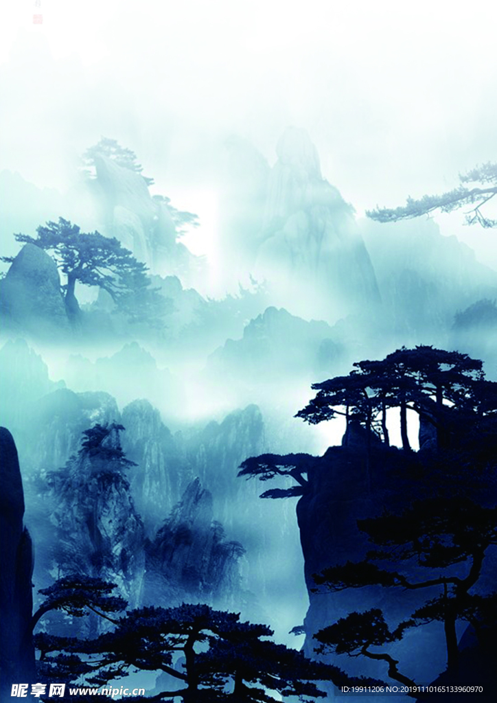 黄山松树水墨风景图中国风