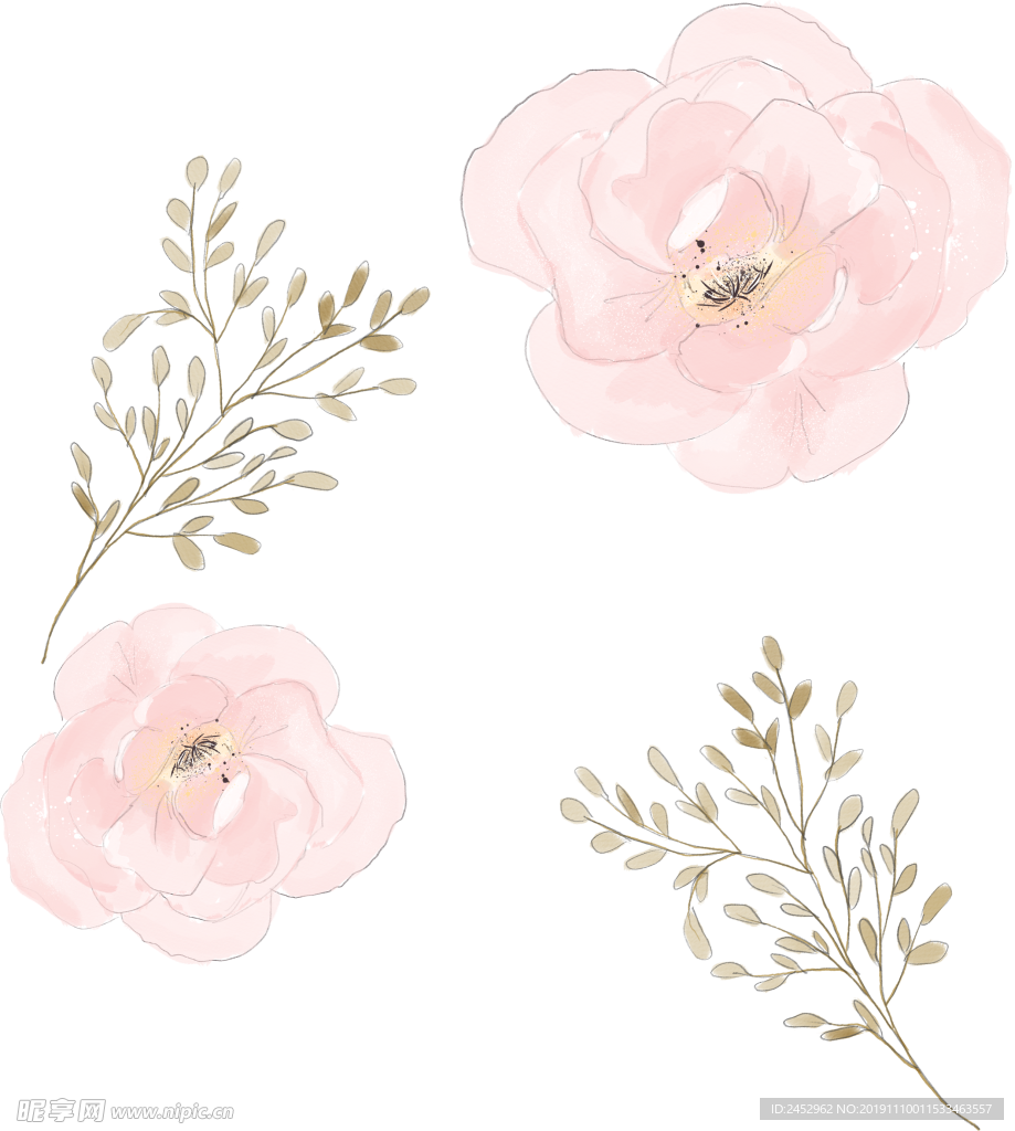 手绘树枝树木 粉色花朵