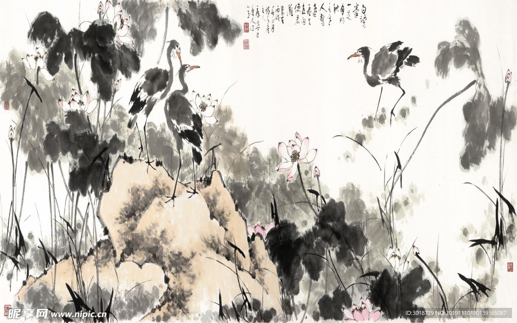 仙鹤荷花图