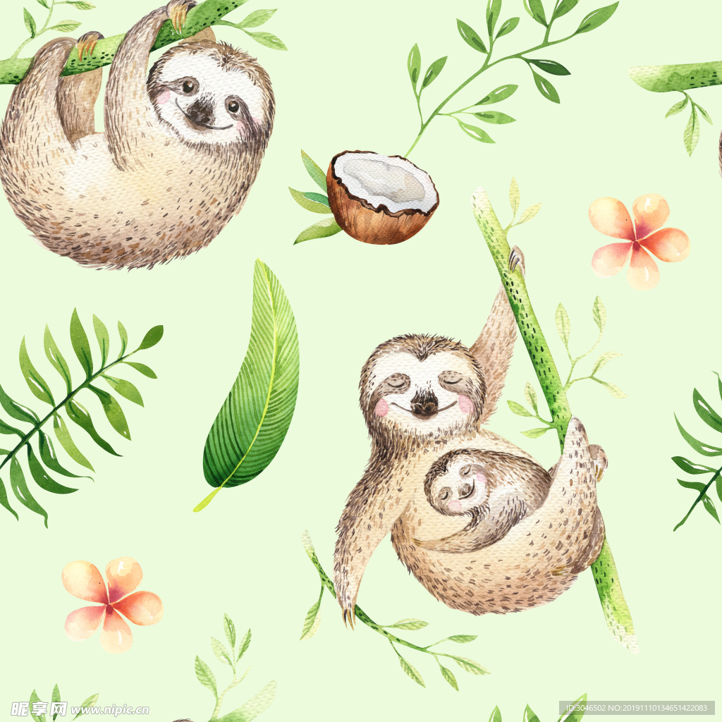 手绘水彩树懒图案壁纸