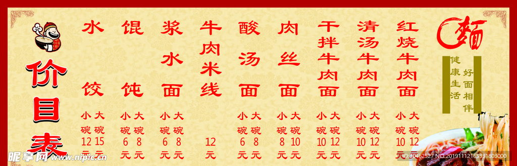面馆价目表