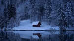 河边树林小屋冬天大雪