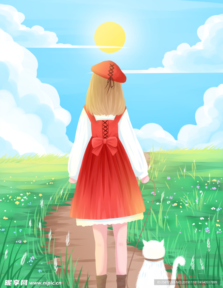 早安你好清新水彩插画早晨小路上