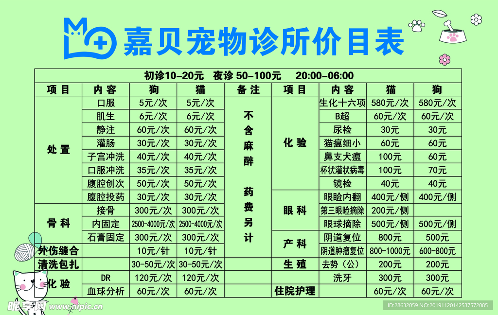 宠物诊所 宠物医院 价目表