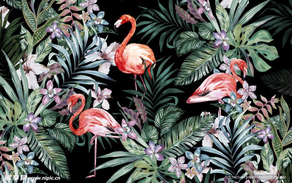 火烈鸟热带雨林东南亚壁画背景