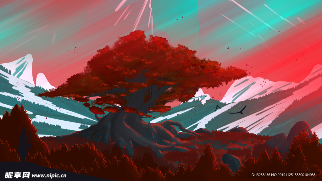 彩色大树群山风景插画