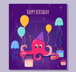 可爱章鱼生日祝福卡矢量素材